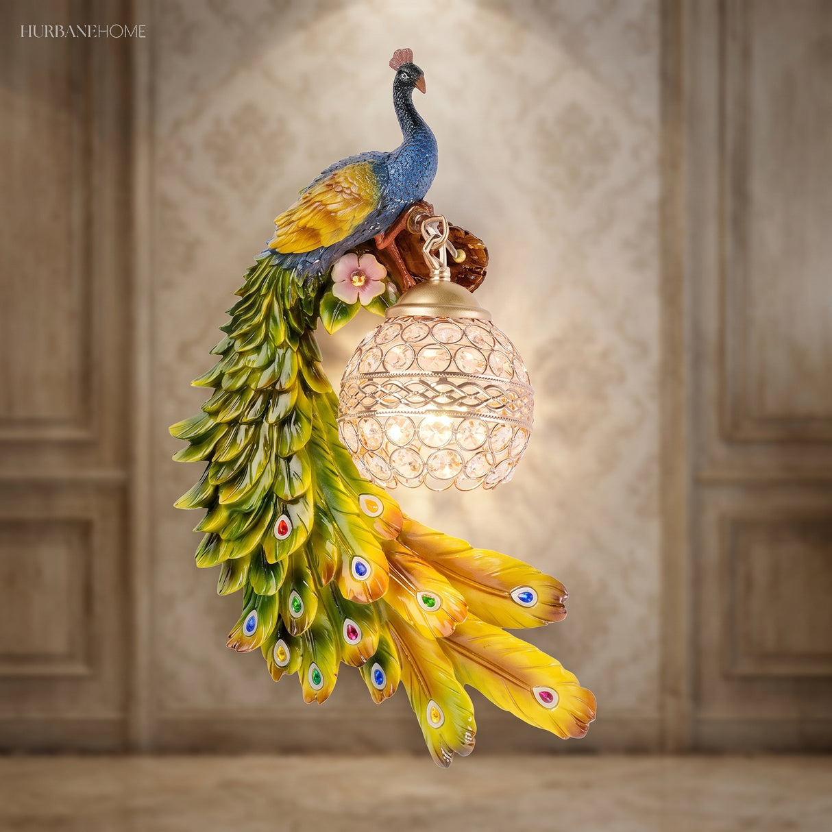 Colourful green peacock wall sconce lit on a panelled interior wall