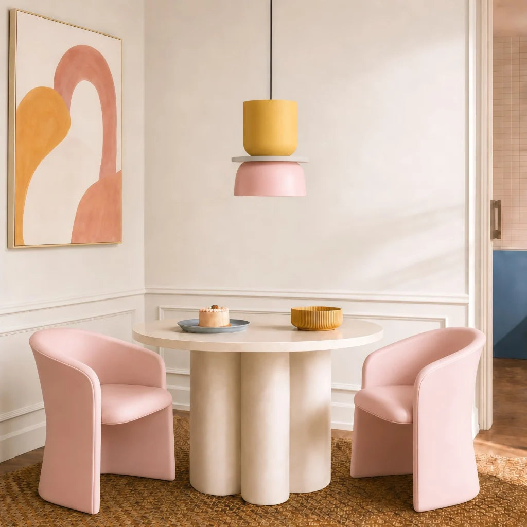 Yellow and pink pendant over a dining nook with pink chairs