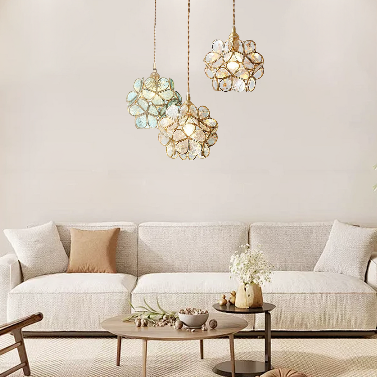 Brass ceiling canopy and twisted cord of the flower petal pendant light