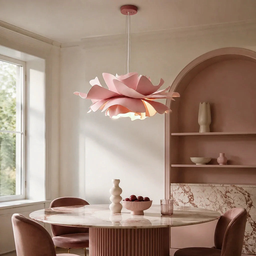 Pink petal pendant light lit above a marble table in a pink dining nook