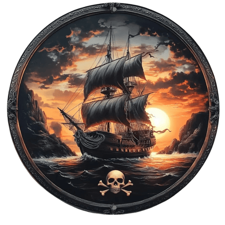 Pirate Ship Decor - Vintage Metal Circle Wall Art for Nautical Theme - Hurbane Home