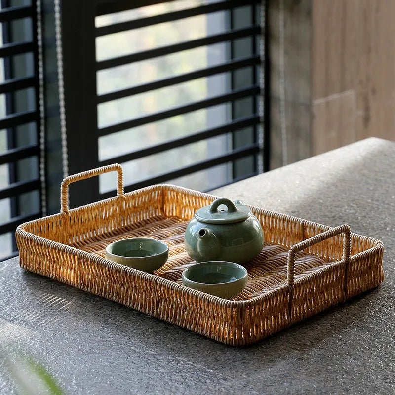 Plastic Serving Tray – Imitation Rattan Organizer with Easy Carry Handles - Hurbane Home