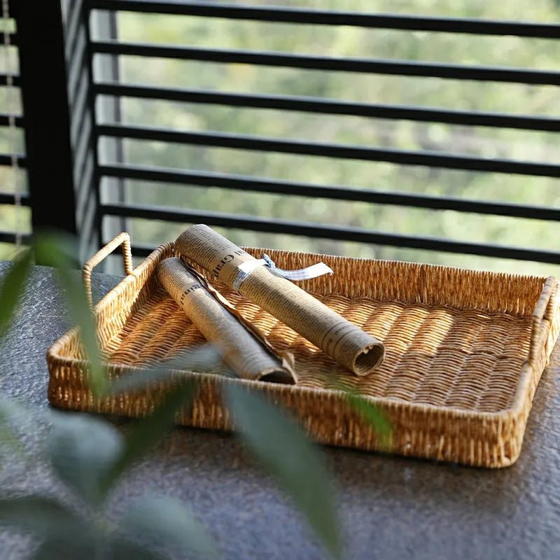 Plastic Serving Tray – Imitation Rattan Organizer with Easy Carry Handles - Hurbane Home