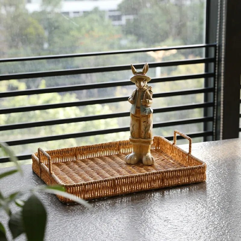 Plastic Serving Tray – Imitation Rattan Organizer with Easy Carry Handles - Hurbane Home