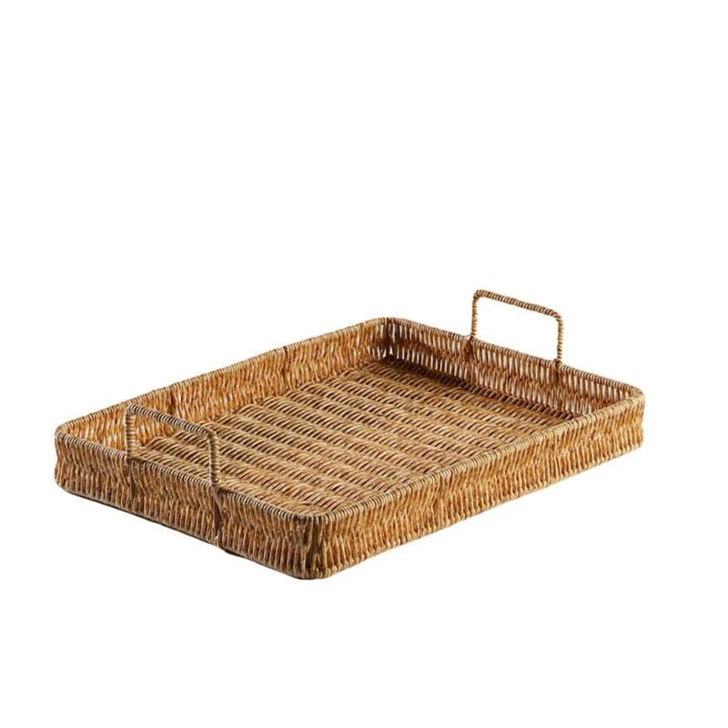 Plastic Serving Tray – Imitation Rattan Organizer with Easy Carry Handles - Hurbane Home