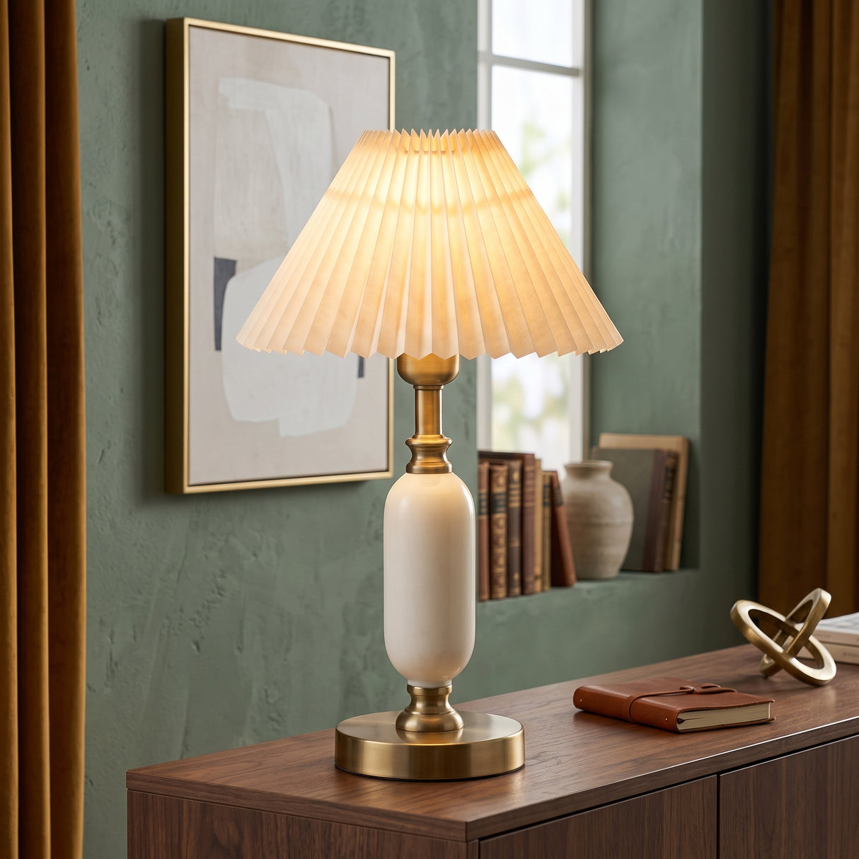 White pleated-shade table lamp with brass base on a wood sideboard