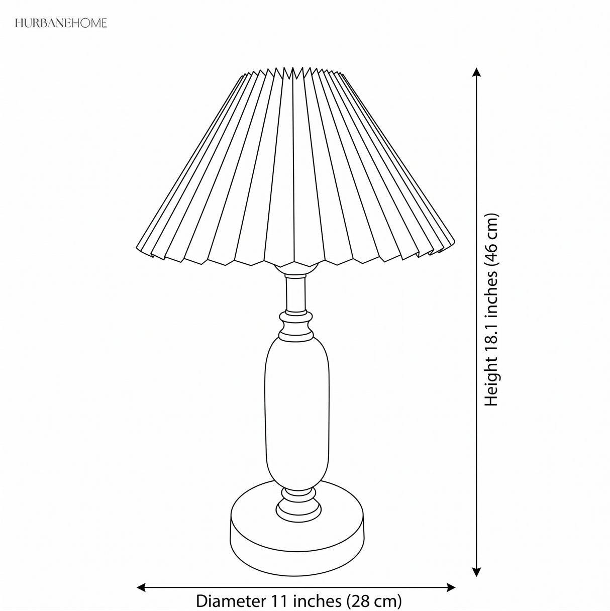Line drawing of the lamp measuring 11 inch diameter and 18.1 inch height