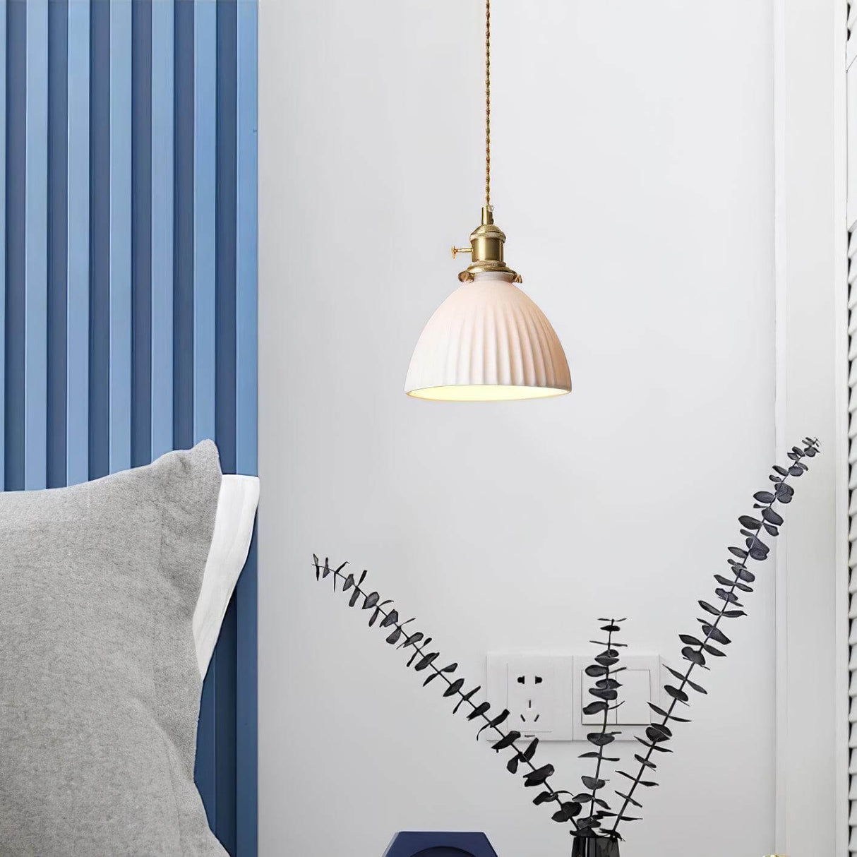 Small brass fitted ceramic pendant with a flared pleated rim, view 6