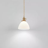 Pleated white ceramic pendant light with a brass lamp fitting, view 13