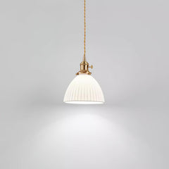 Pleated white ceramic pendant light with a brass lamp fitting, view 13
