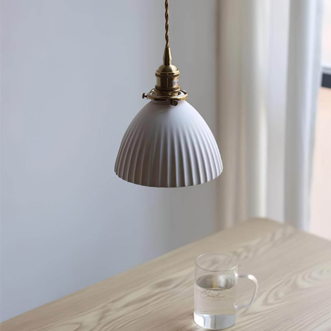 Ceramic pendant with deep pleats and a twisted fabric cord, view 14