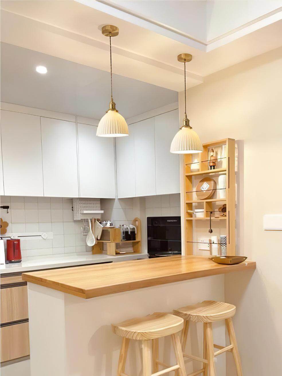 Small brass fitted ceramic pendant with a flared pleated rim, view 18