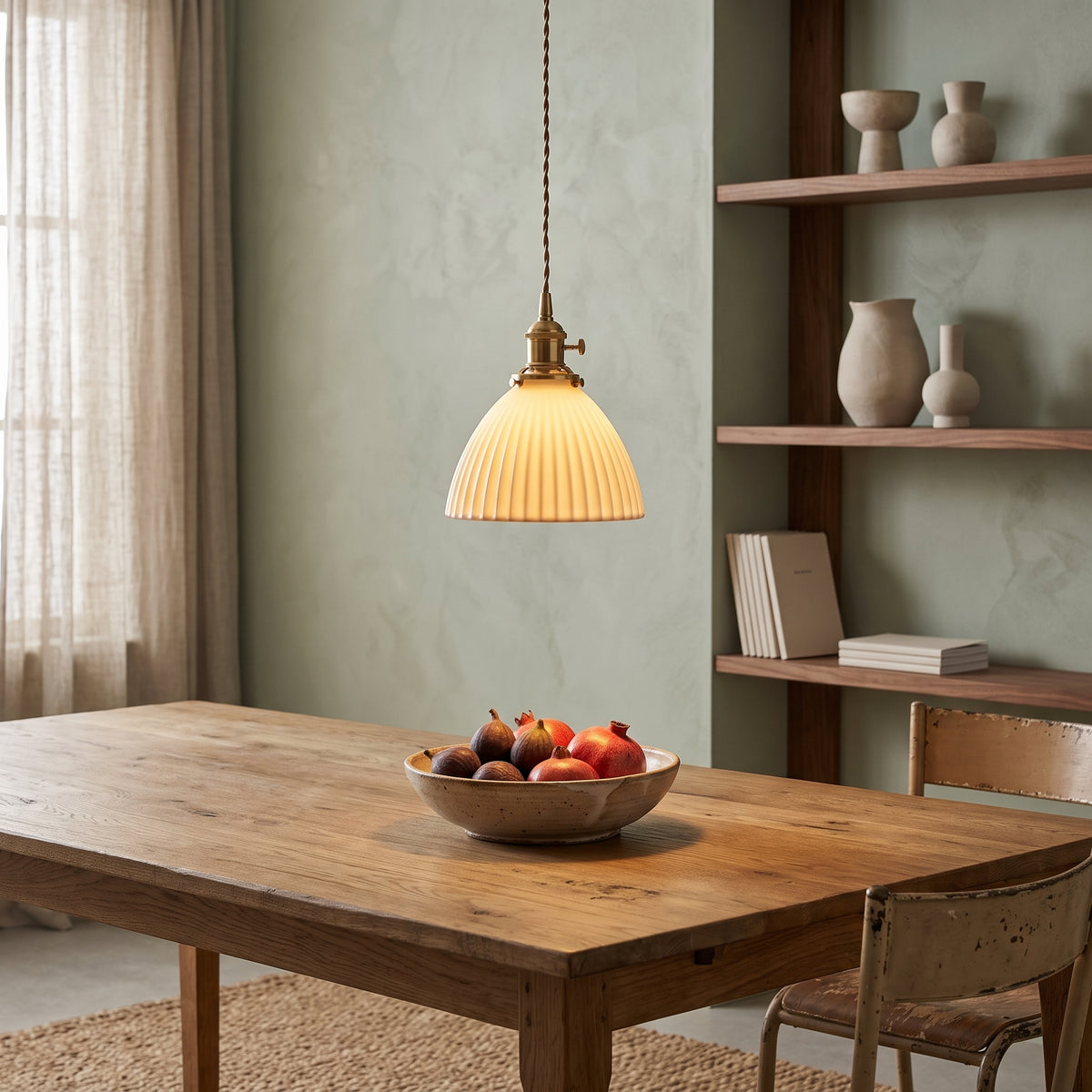 White pleated ceramic pendant with brass fitting above a farmhouse table