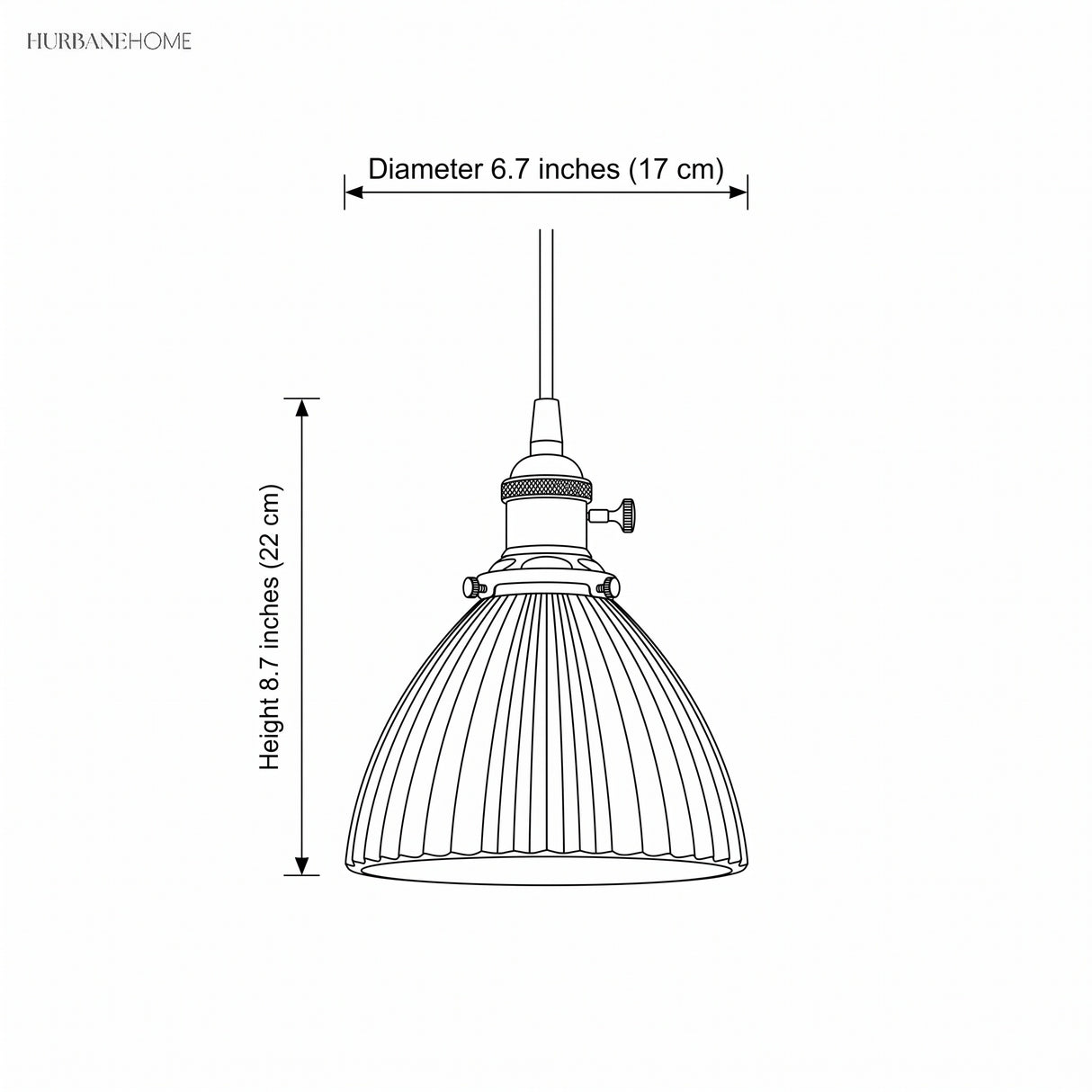 Line drawing of pleated pendant, 8.7 inch height by 6.7 inch diameter