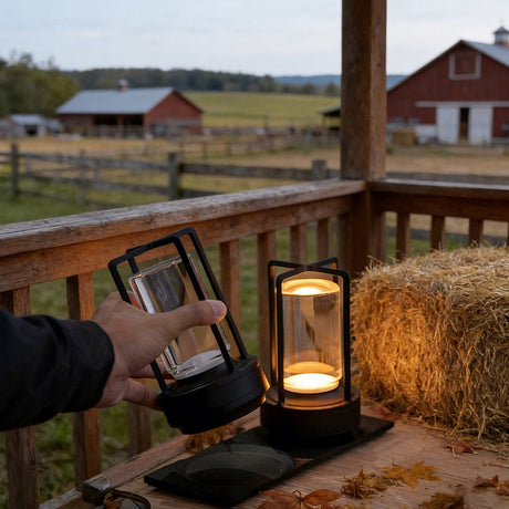 Hand lifting the lamp by its metal handle on a porch rail at a farm