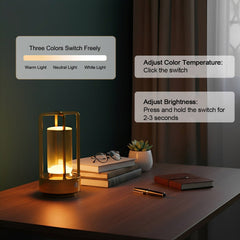 On screen guide showing three color modes and how to hold the switch to dim