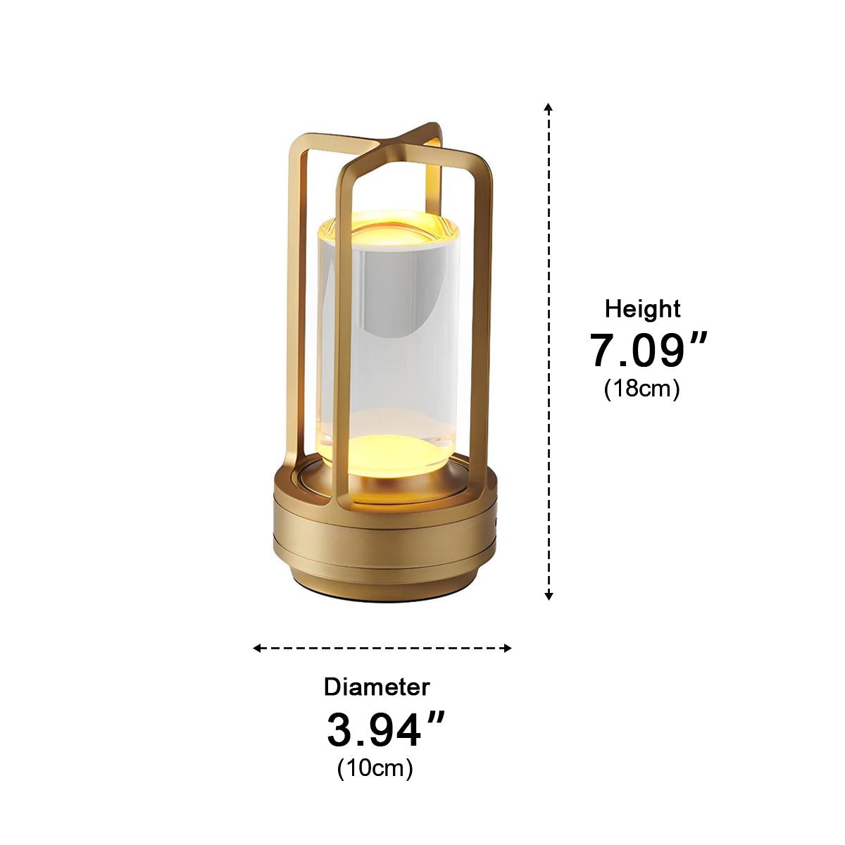 Dimension drawing of the lamp marked 3.94 inches wide and 7.09 inches tall