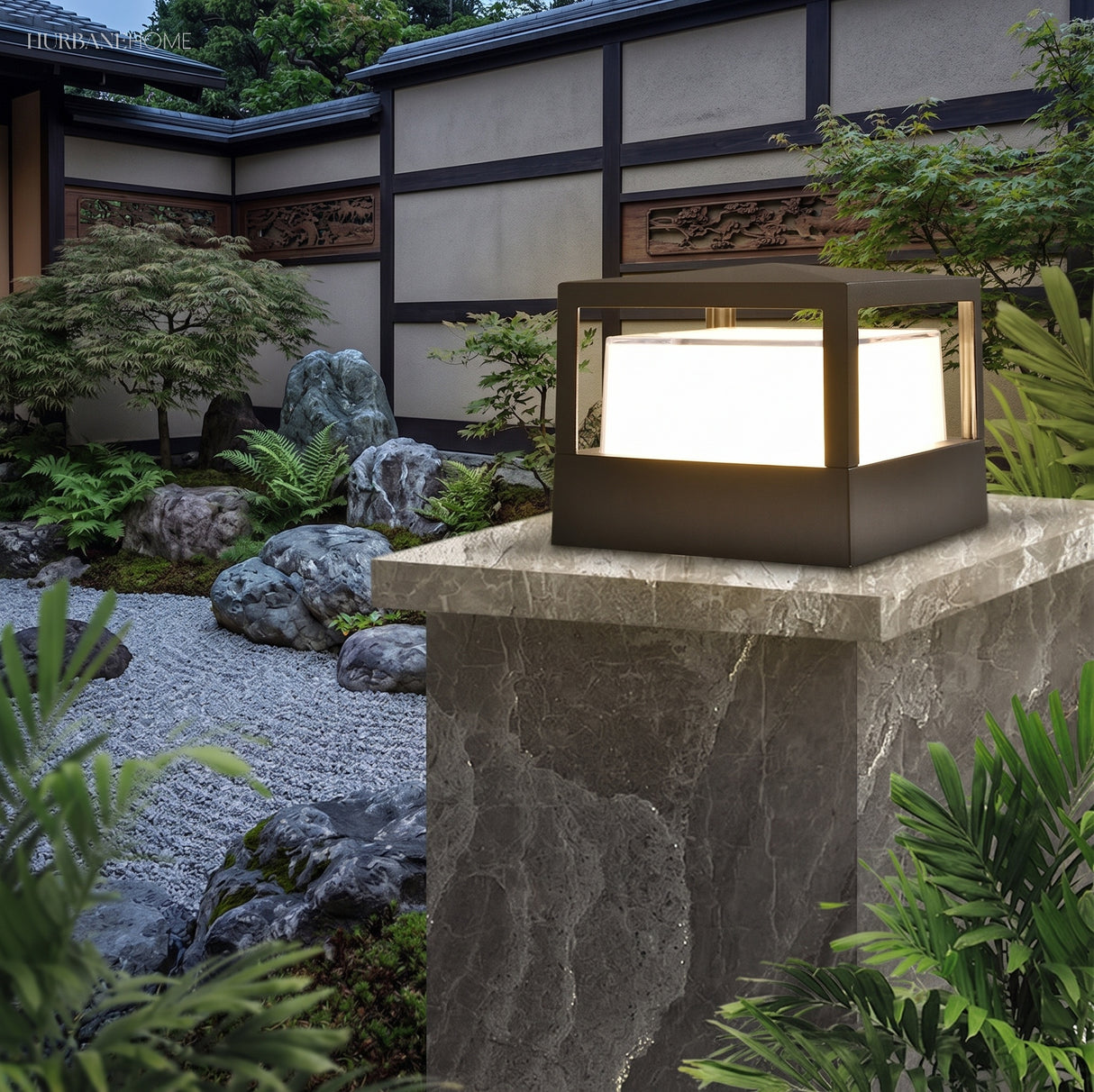Aluminium post cap outdoor landscape light in a garden setting