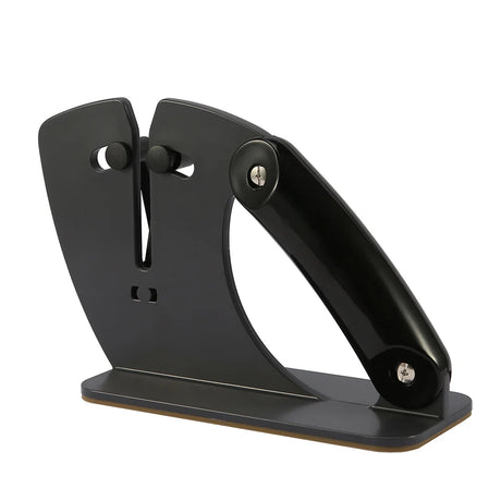 Black knife sharpener with non-slip base on countertop