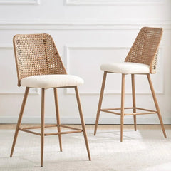 Rattan Bar Stools – 2 - Pack Rattan Wicker Counter Height Stools with Metal Legs - Counter Bar Stools - Hurbane Home