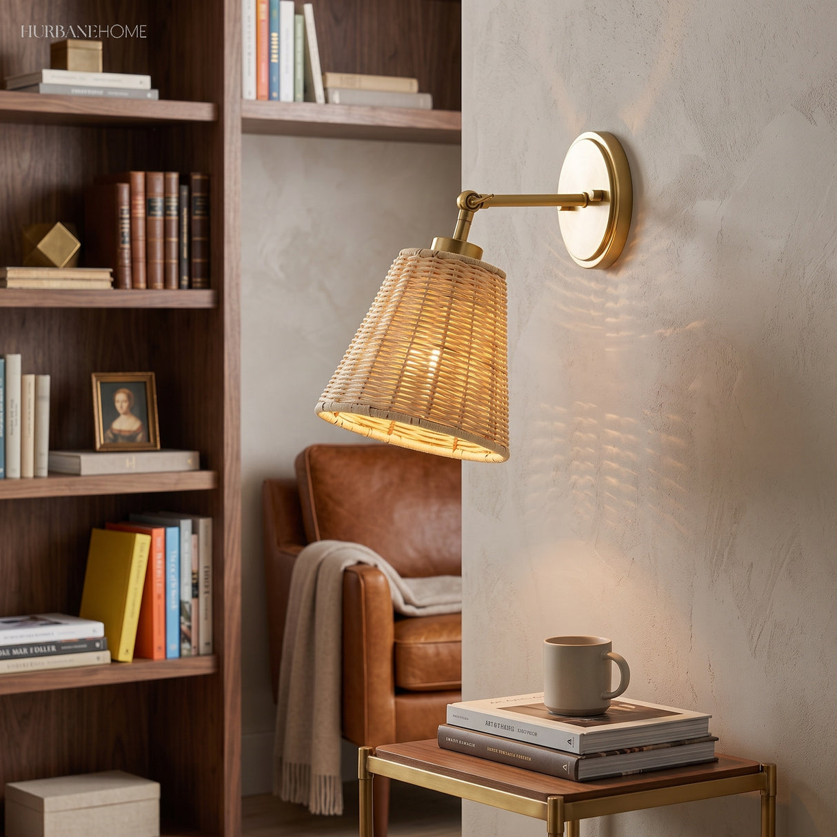 Brass rattan sconce beside walnut bookshelves and a leather armchair