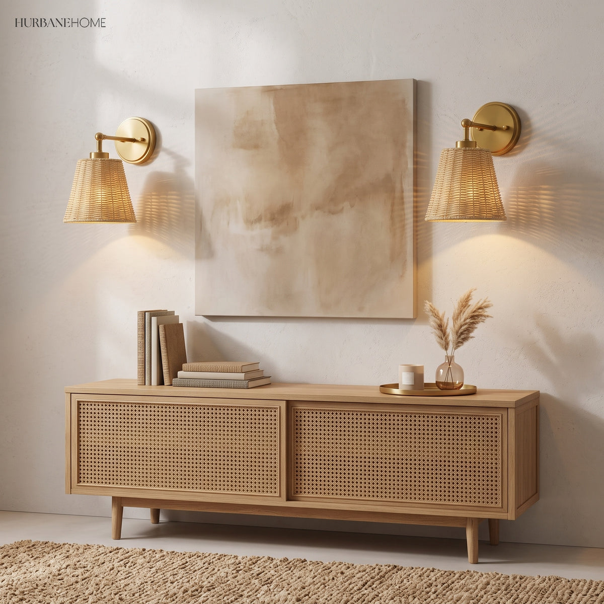 Two brass rattan sconces flanking abstract art above a cane sideboard