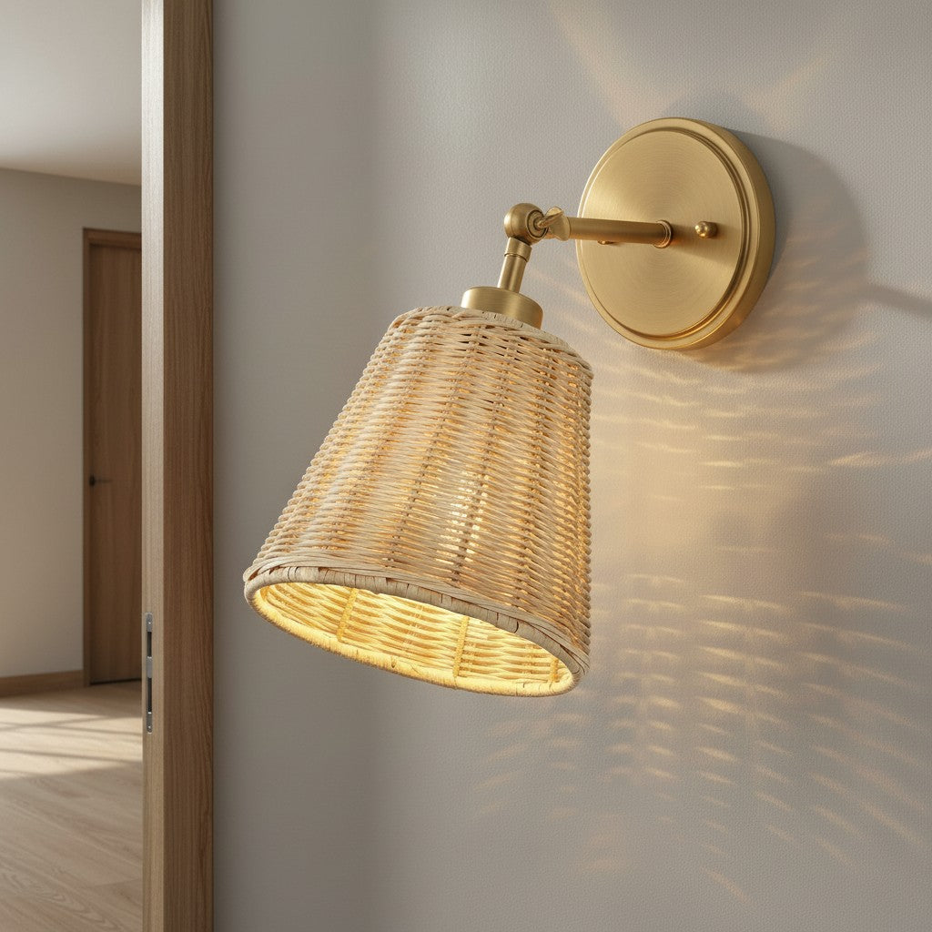 Rattan cone swing arm wall sconce alternative angle view 1