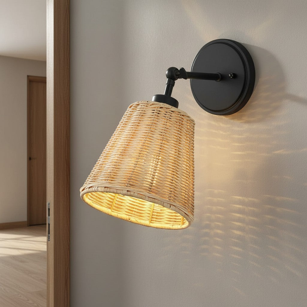 Rattan cone swing arm wall sconce close detail view 2