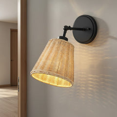Rattan cone swing arm wall sconce close detail view 2