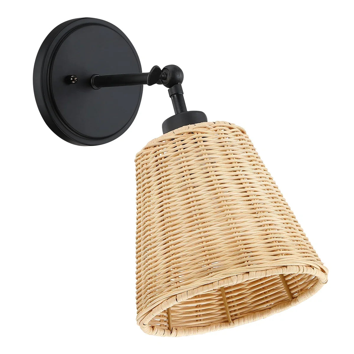 Rattan cone swing arm wall sconce close detail view 14