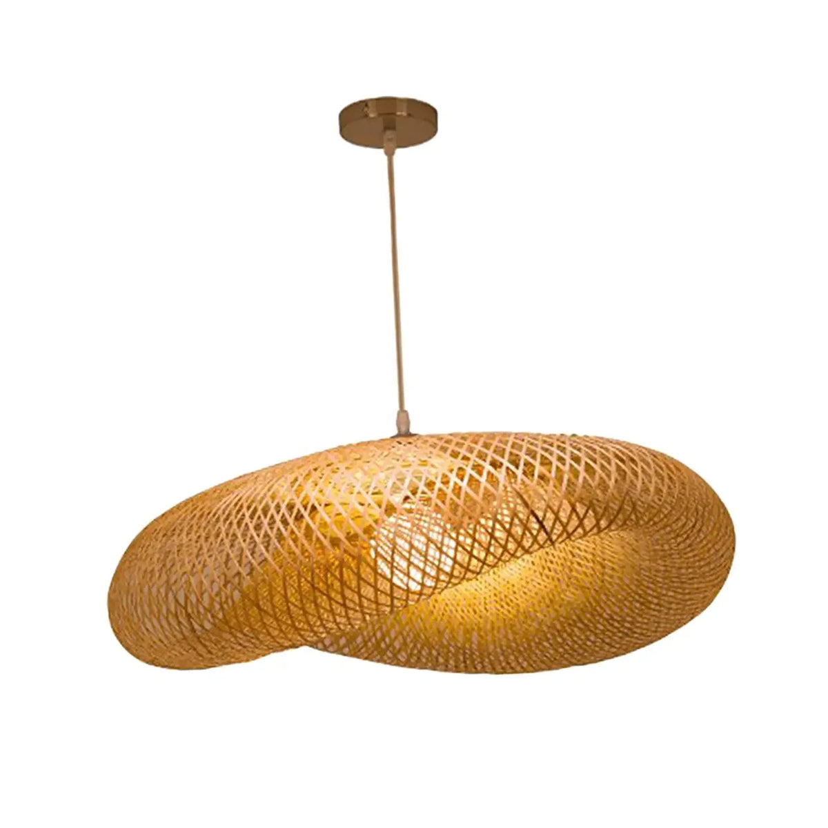 Woven bamboo pendant shade lit warm above a set dining table