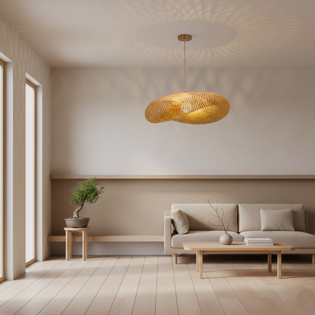 Rattan pendant shade seen from below with the bulb glowing through