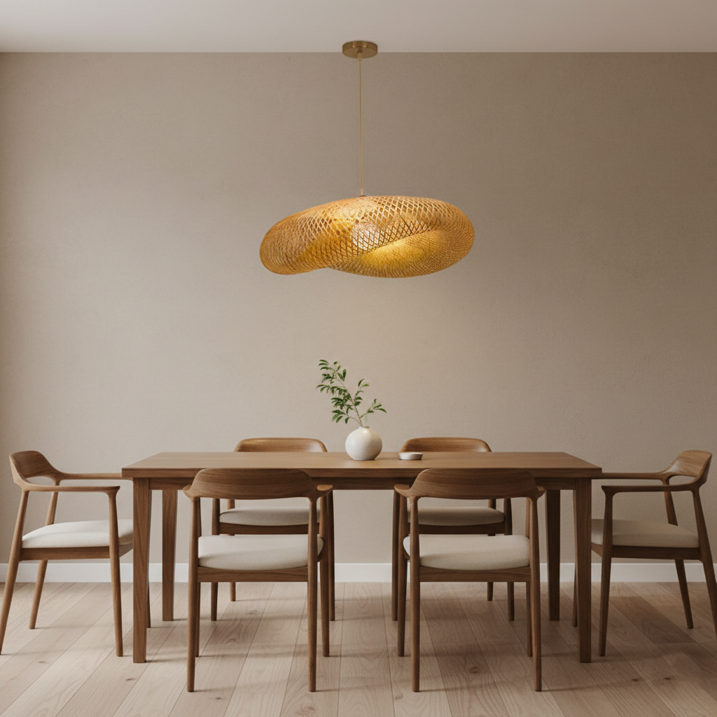 Three bamboo saucer shades at different heights on black cords