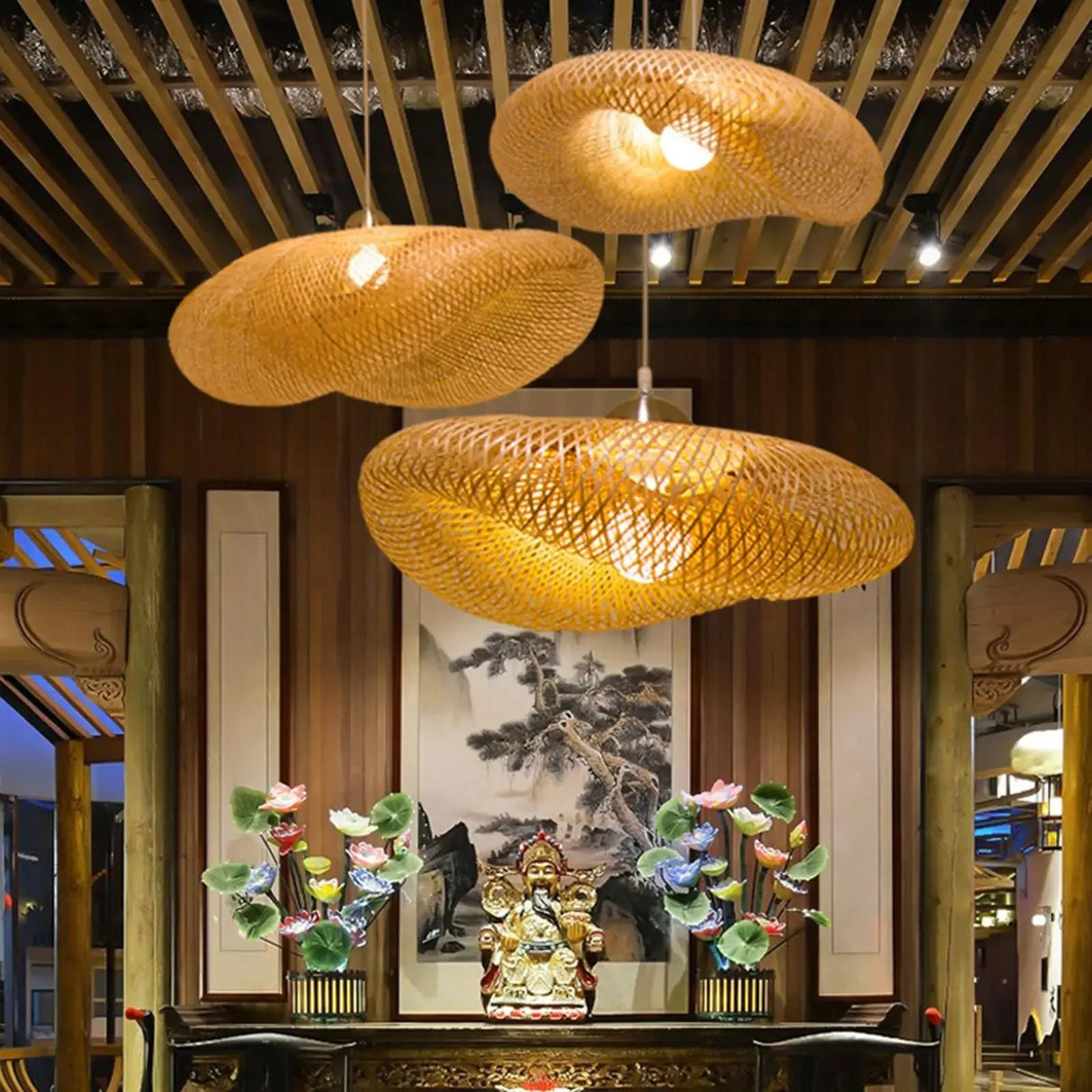 Bamboo shade lifting on one side to show the asymmetric weave