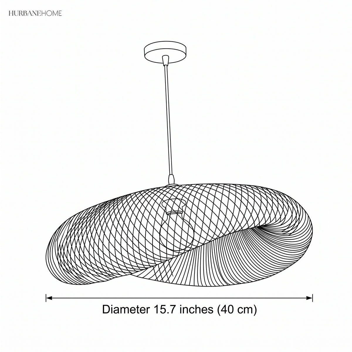 Line drawing of the rattan pendant shade with a 15.7 in width label