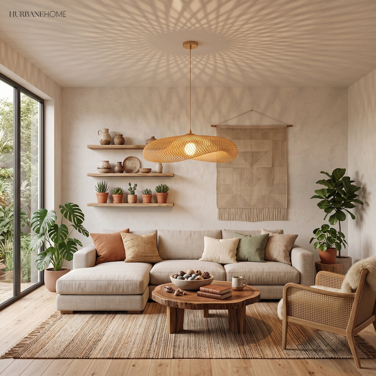 Woven rattan pendant hanging over a low sofa in a bright living room