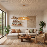 Woven rattan pendant hanging over a low sofa in a bright living room