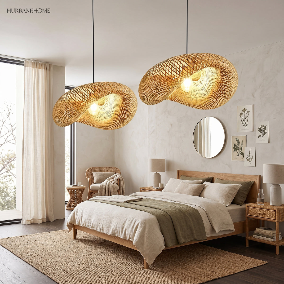 Two bamboo saucer pendants lit above a bed with linen bedding