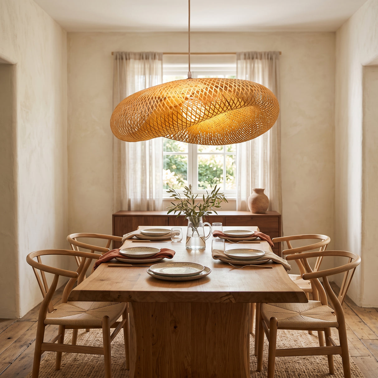 Handwoven bamboo rattan pendant light lit above a wooden dining table