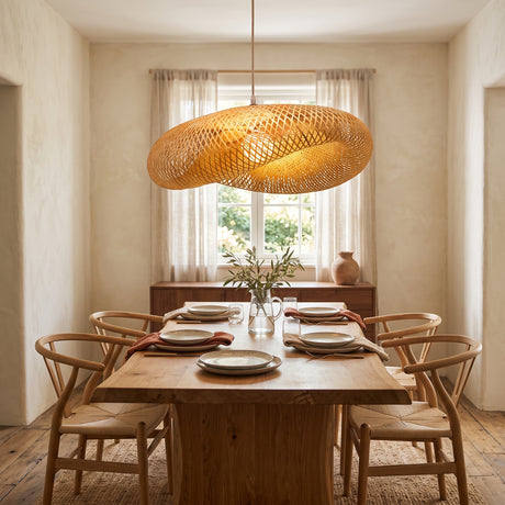 Handwoven bamboo rattan pendant light lit above a wooden dining table
