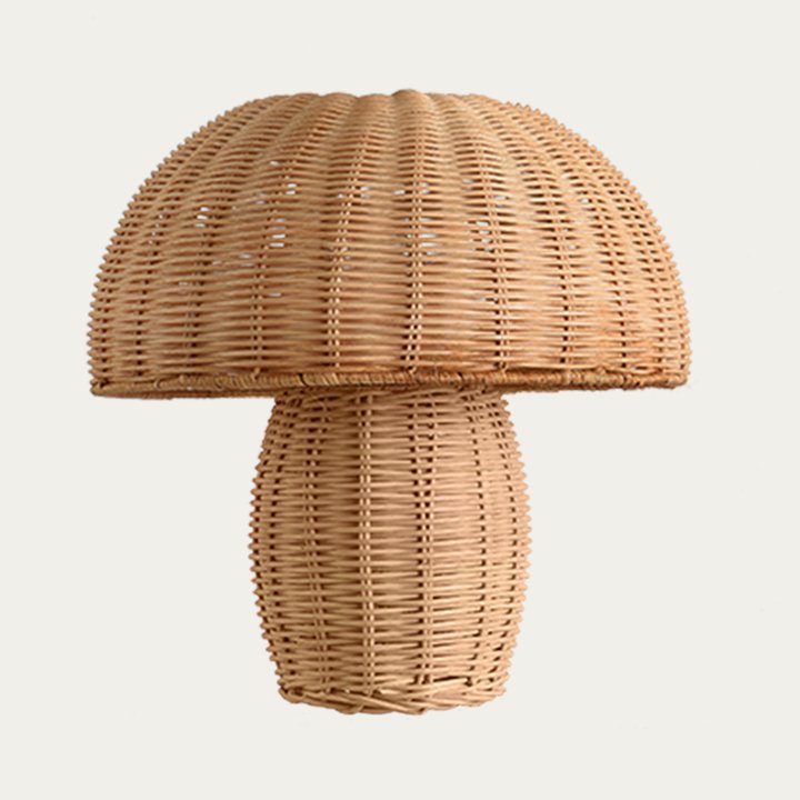 Close view of the hand-woven rattan weave on the lamp shade