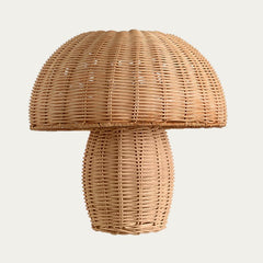 Close view of the hand-woven rattan weave on the lamp shade