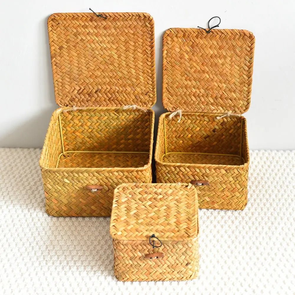 Rattan Wicker Basket - Handwoven Storage Solutions with Lid for Home Organization - Wooven Storage Baskets - Hurbane Home