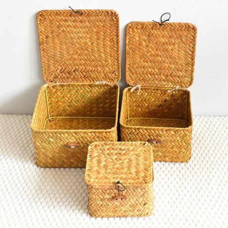 Rattan Wicker Basket - Handwoven Storage Solutions with Lid for Home Organization - Wooven Storage Baskets - Hurbane Home