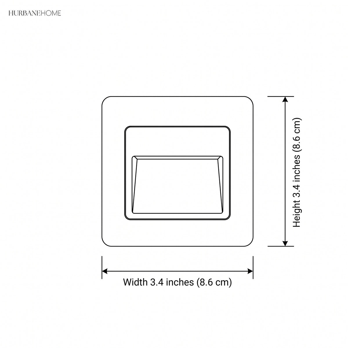 Dimension drawing of the square fitting at 3.4 inches wide and 3.4 inches high