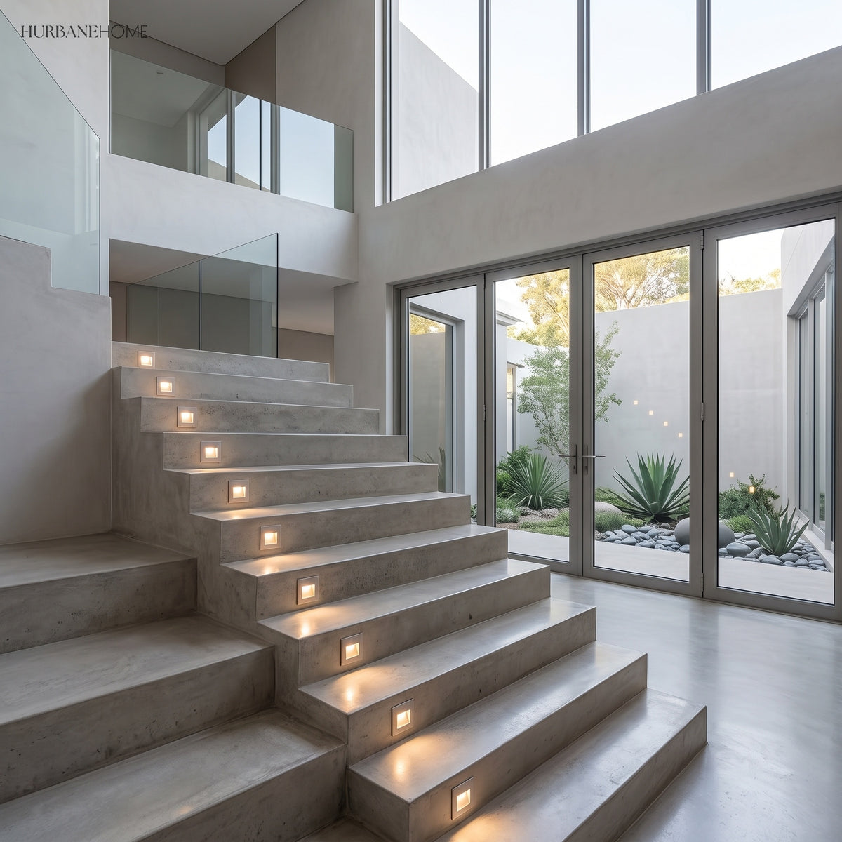 Row of square step lights lining pale concrete stairs beside a glazed wall