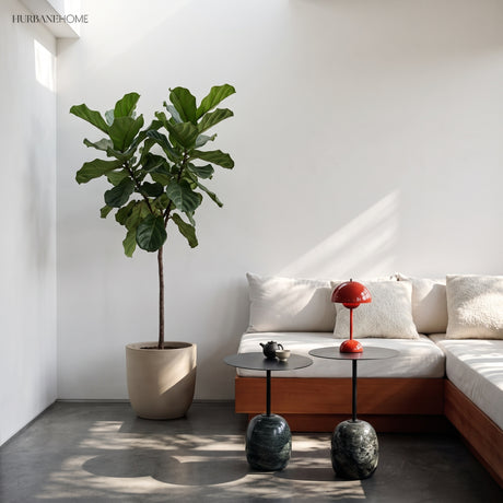 Red rechargeable table lamp on a side table in a sunlit living room