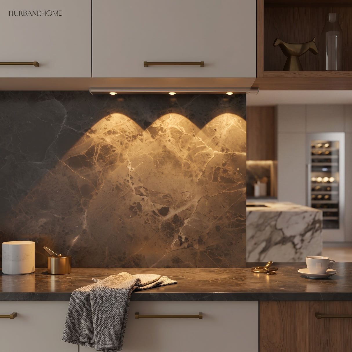 Under cabinet light grazing a dark marble splashback in a modern kitchen
