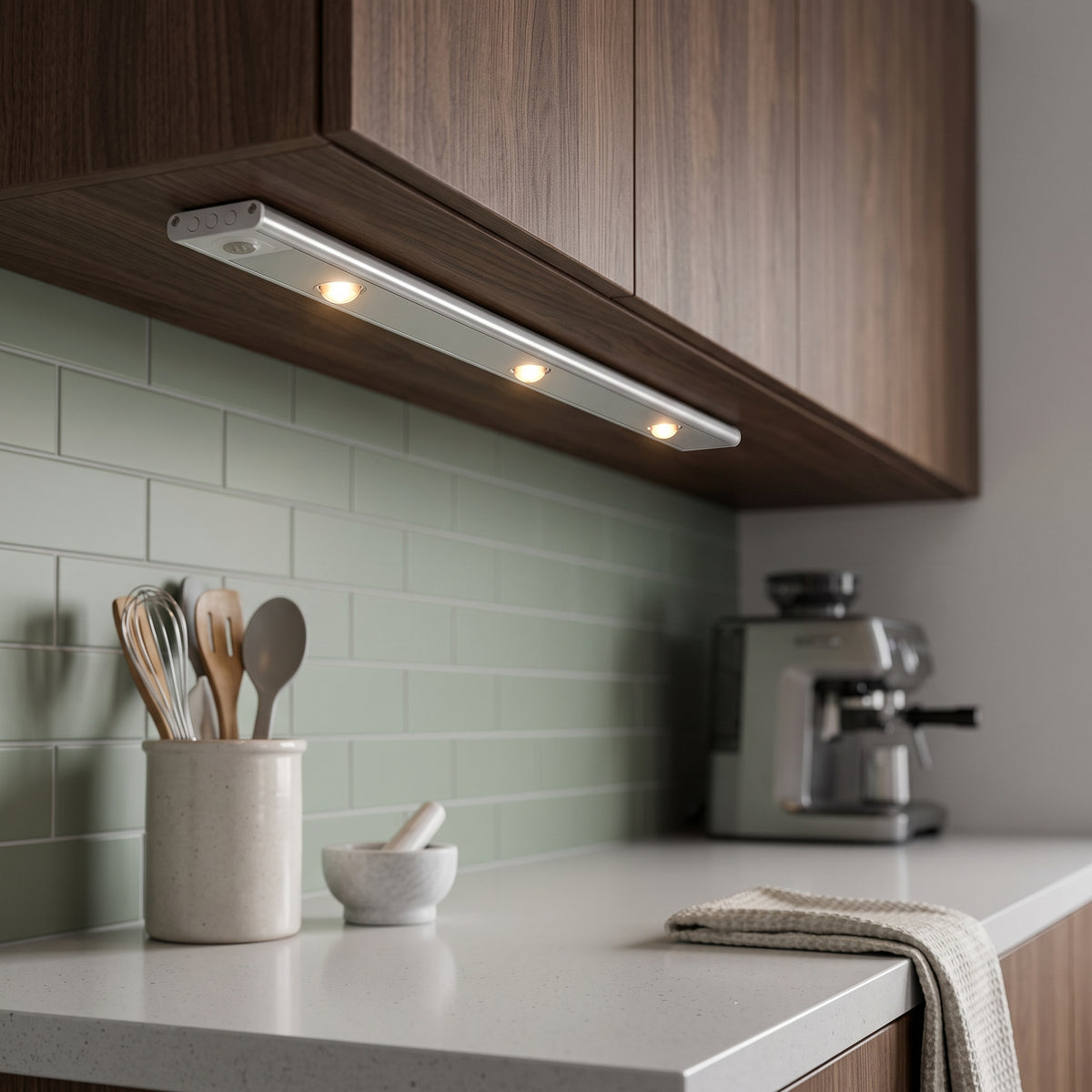 Magnetic LED under cabinet light bar lit above a green tile kitchen splashback