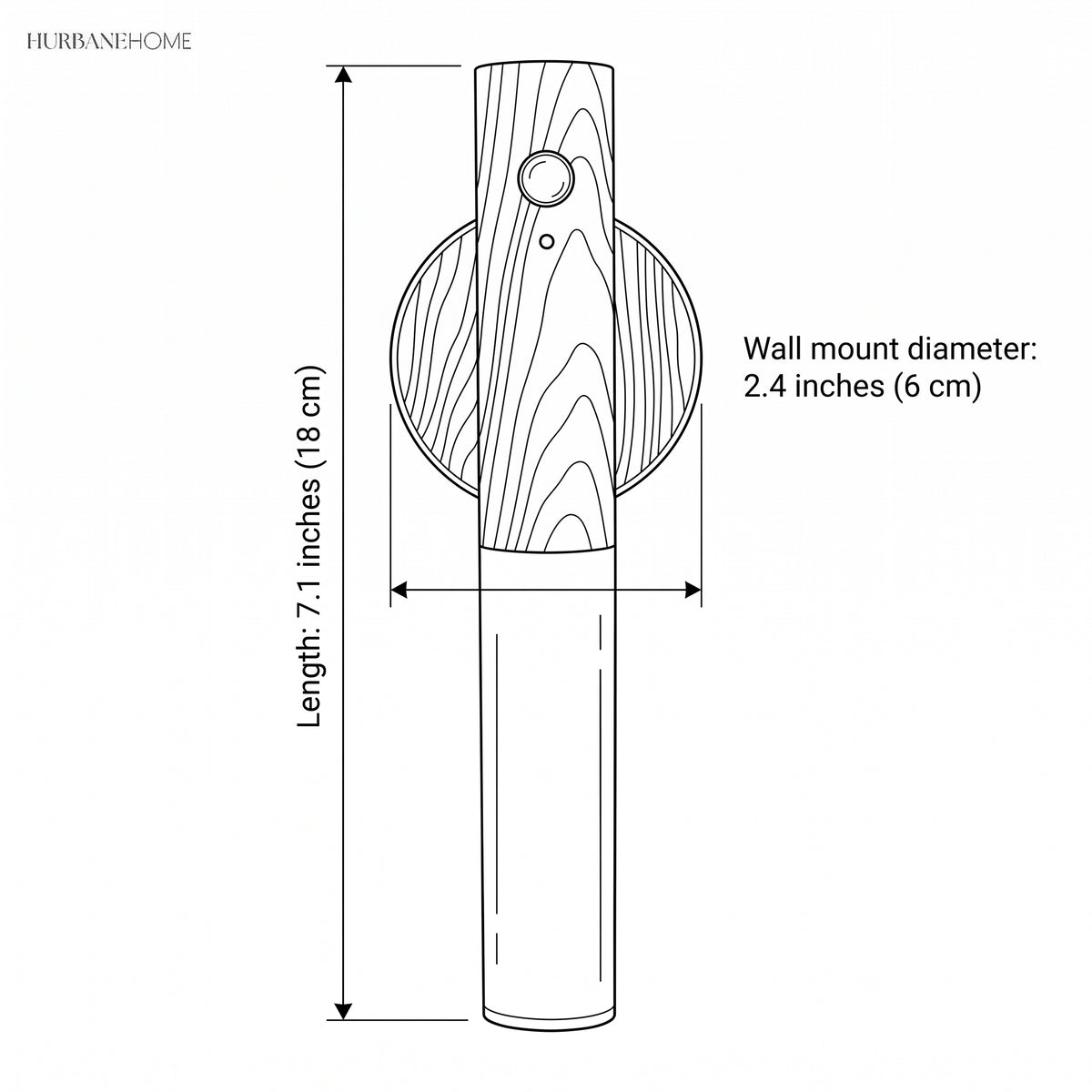 Line drawing showing 7.1 in body length and 2.4 in wall mount